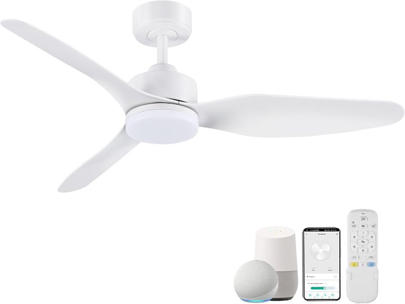 Photo 1 of 48 Inch Smart Ceiling Fans with Lights Remote Control,Dimmable LED Light,Outdoor Indoor Modern Ceiling Fan,Quiet DC Motor,WIFI Alexa App Workable,Matte White for Bedroom Living Room Patio
