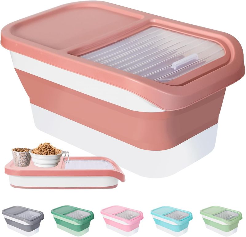 Photo 1 of Dog Food Storage Container - Collapsible Dog Food Container with Sliding Lid, Measuring Cup and Silicone Bowl, Pet Food Storage For Dog, Cats and Other Pet (Red & White