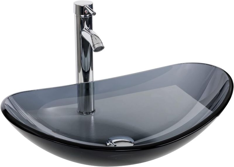 Photo 1 of 







































Puluomis Bathroom Boat Shape Glass Vessel Sink Basin with Faucet and Pop-Up Drain (Bluish Grey Crystal)
 