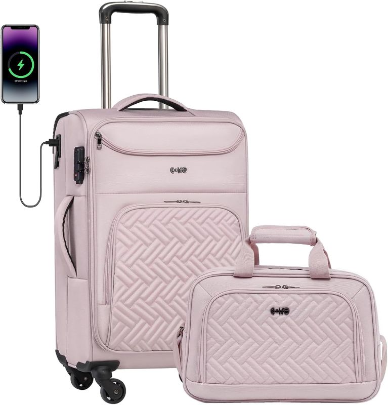 Photo 1 of 
Roll over image to zoom in
Coolife Luggage Carry On Luggage Suitcase Softside Wheeled Luggage Lightweight Rolling Travel Bag (Pink, Carry-On 2 