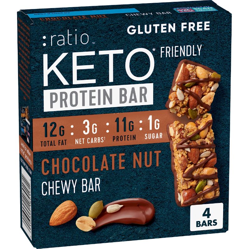 Photo 1 of 2 pck Ratio Chewy Protein Bar, Chocolate Nut, 11g Protein, Keto Friendly, 5.6 OZ (4 Bars)  EXP AUG 25 2024