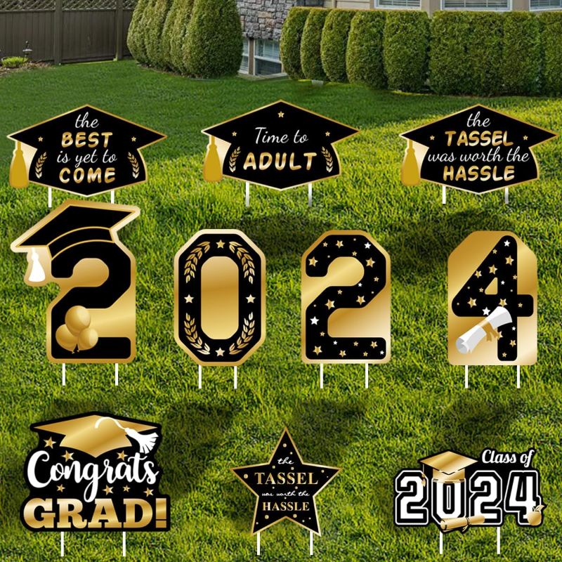 Photo 1 of 10 Pcs Graduation Yard Signs Blue Graduation Class of 2024 Yard Sign, Congratulations Graduation Decorations Congrats Grad Signs for School College 2024 Graduation Decorations Party Supplies (Black)
 