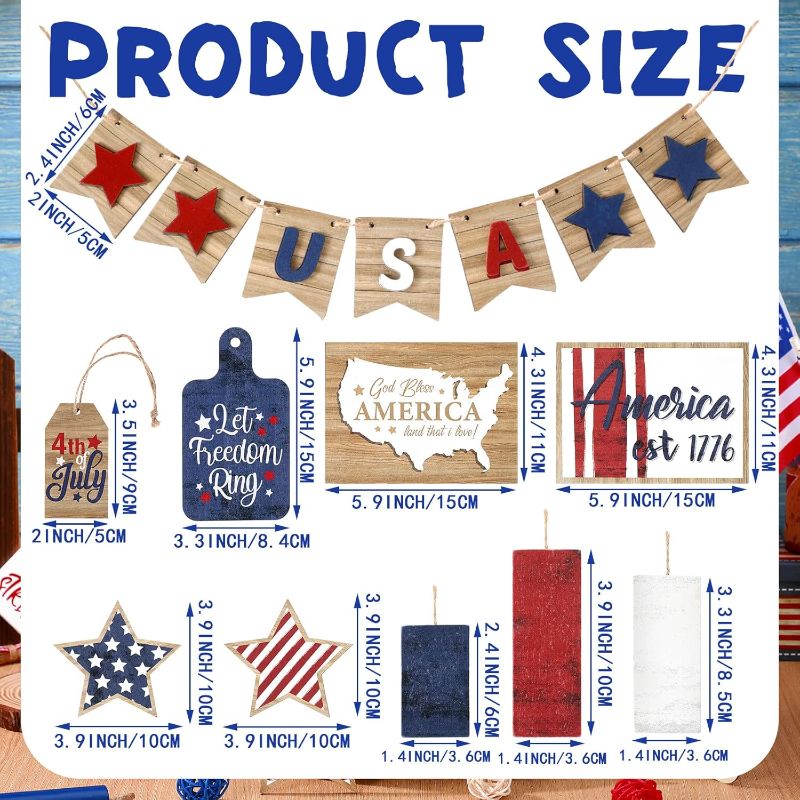 Photo 1 of 14 Pcs 4th of July Tiered Tray Decor Set Rustic Farmhouse Tiered Tray Wooden Decoration Red White Blue Patriotic Decor Independence Day Wooden Sign for Home Table Memorial Day (Star)