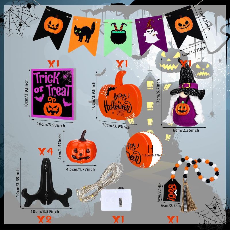 Photo 1 of 12 Pcs Halloween Tiered Tray Decor Including Trick or Treat Table Signs Plush Gnomes Dolls Rustic Pumpkin Wooden Centerpieces Wood Bead Garland for Happy Halloween Party Decoration (Pumpkin)