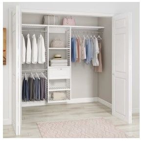 Photo 1 of The allen + roth white ventilated wood closet kit includes a ventilated closet tower, three tower shelves, one raised panel drawer kit, two 36-in ventilated shelves, and three expandable closet poles
The 36-in wood closet shelves and rods can be cut to fi