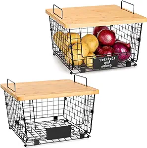 Photo 1 of 2 Set Stackable Wire Basket with Bamboo Top -Kitchen Counter, Pantry Organization and Storage - Cabinet, Shelf, Countertop Space Saving Organizing - Produce, Fruit, Onion, Potato, Bread Organizer Bin