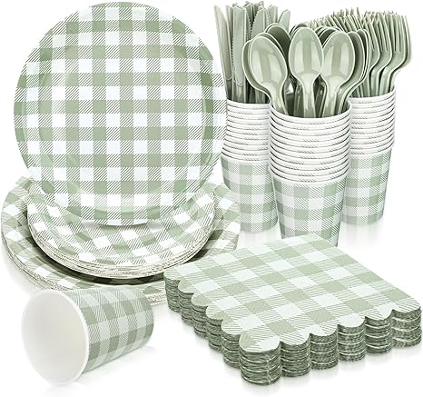 Photo 1 of 168 Pcs Gingham Party Supplies for 24 Guests Paper Plates Knives Spoons Forks Napkins Cups Disposable Party Supplies Set Cutlery for Checkered Dinner Wedding Party Favor (Sage Green)