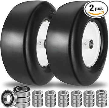 Photo 1 of 2 PCS 13x5.00-6 Flat Free Tire and Wheel with 1/2" & 3/4" & 5/8" Precision Bearings, 13x5x6 Lawn Mower Tires with 3.25"-6.85" Centered Hub, 13x5.00-6 tire for Riding Lawn Mower Garden Tractor