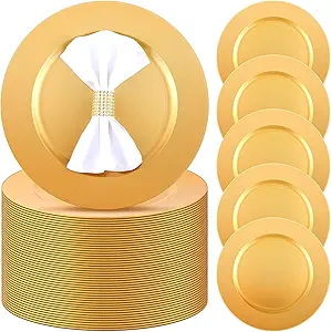 Photo 1 of Zhehao 100 Pcs Charger Plates Bulk 13 Inch Round Wedding Chargers Plastic Plate Chargers Dinner Charger Plates for Wedding Party Baby Shower Table Setting Event Decoration(Gold)
