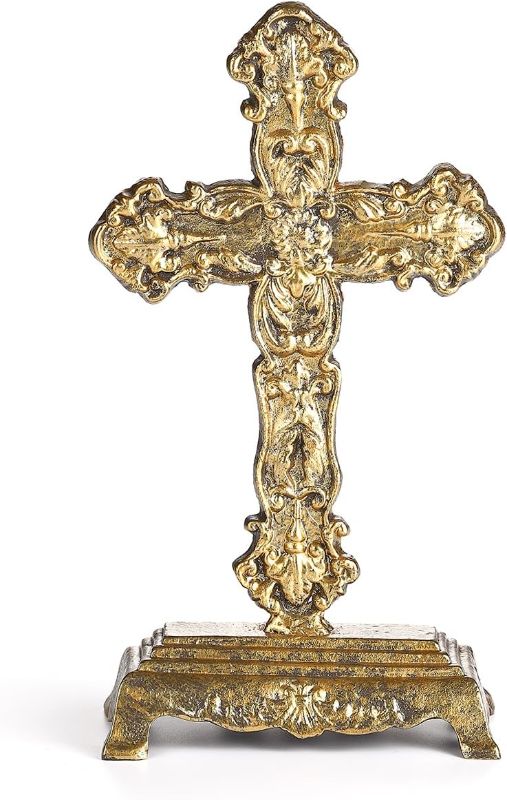 Photo 1 of 12" H Cast Iron Cross Stand Tabletop for Home Decor, Antique Gold
