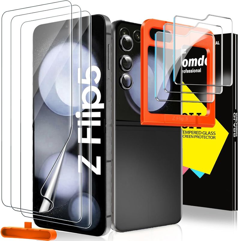 Photo 1 of Milomdoi [9 in 1] for Samsung Galaxy Z Flip 5 Screen Protector, 3 Pack Inner Screen Flexible Film + 3 Pack Tempered Glass Back Screen Protector + 3 Pack Camera Protector with Easy Installation Frame
