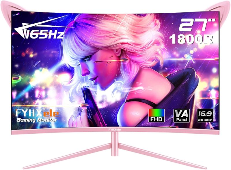 Photo 1 of 27 inch Gaming Monitor, 1800R Curved Gaming Monitor, FHD-1920X1080P, 165Hz, 1ms, FreeSync/G-Sync, Ultrawide PC Monitor, HDMI/DisplayPort/USB Vesa/Wall Mount Computer Monitor-Pink