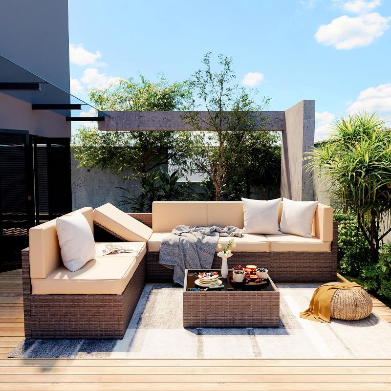 Photo 1 of ****USED***Pamapic Patio Furniture  Modular Outdoor Sectional, Patio Sectional Sofa Conversation Set, Rattan Sofa with Coffee Table and Washable Cushions Covers, Brown Rattan and Beige Cushions