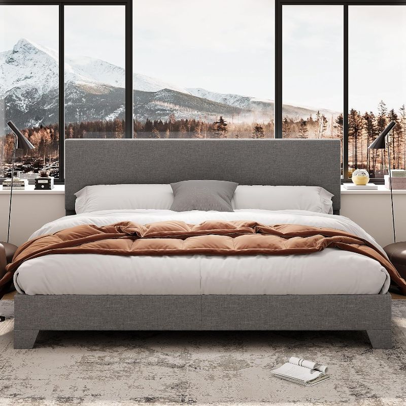 Photo 1 of Allewie King Size Platform Bed Frame with Adjustable Upholstered Headboard, Strong Wood Slats, Heavy Duty Mattress Foundation, No Box Spring Needed, Noise-Free, Easy Assembly, Light Grey