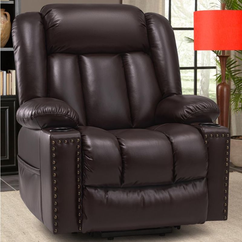 Photo 1 of ***BOX 3 OF 3*** Large Power Lift Chairs Recliners for Elderly with Heated and Massage, Overstuffed Adjustable Lift Chairs, 3 Positions, Breathable Leather, USB-A and USB-C, Cup Holder, Side Pocket, Dark Brown