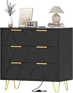 Photo 1 of 3 Drawer Wide Nightstand with Charging Station, 27.6 Inch Wood Nightstand for Bedroom, Living Room, Black Dresser with Storage Drawers, Bedside Table with Metal Handle & Leg