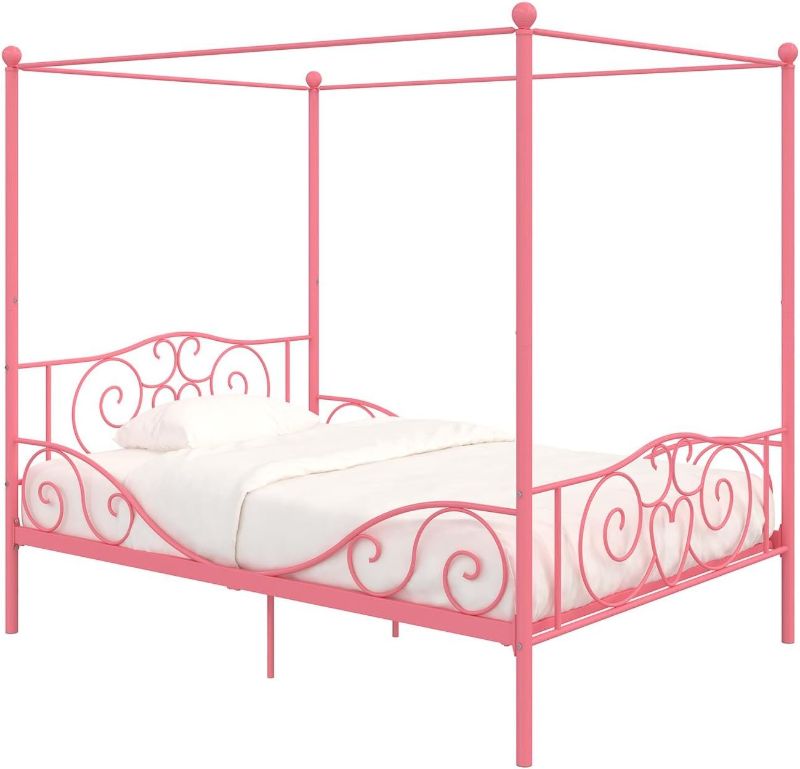 Photo 1 of ****SIMILAR****DHP Metal Canopy Kids Platform Bed with Four Poster Design, Scrollwork Headboard and Footboard, Underbed Storage Space, No Box Sring Needed, Full, Pink