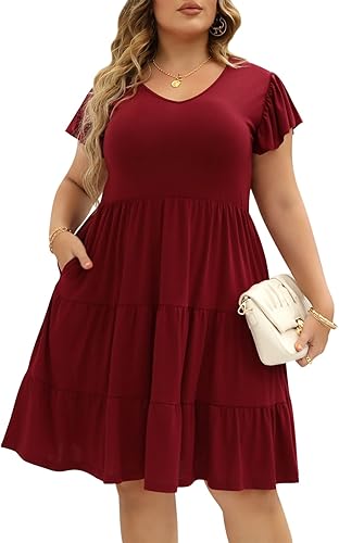 Photo 1 of ***USED***SIZE:18***COLOR IS WINE RED***
Celkuser Women's Casual Plus Size Summer V-Neck Short Sleeve Midi Dress Flowy High Low Split Swing Dresses with Pockets Black 18 Plus