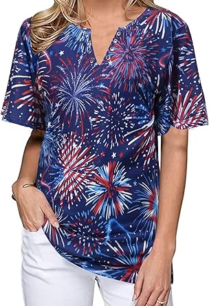 Photo 1 of BANGELY American Flag Shirt Women Red White and Blue Shirts Patriotic T-Shirts 4th of July Tops V Neck Summer Casual Tee Tops - LARGE
