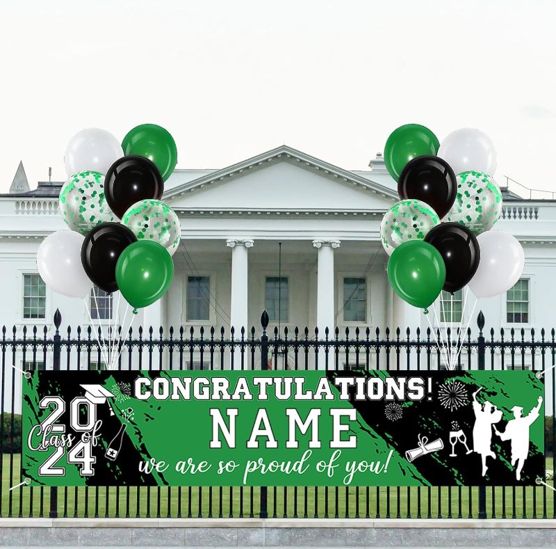 Photo 1 of  Personalized Graduation Banner Graduation Party Decorations Class of 2024.Congrats Grad Banner with Balloons and 78 Alphabet Stickers, for High School College Party Supplies White & Green 3pck
