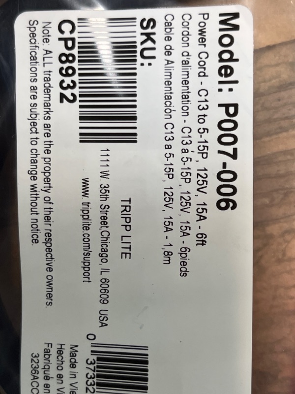 Photo 2 of 2pxs**Tripp e P007-006 Heavy Duty Computer Power Cord, 15A, 14AWG (NEMA 5-15P to IEC-320-C13), 6-ft Black 6-feet Power Cord