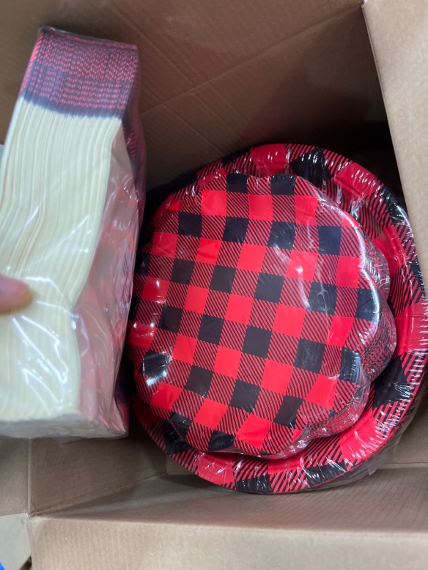 Photo 1 of DYLIVeS Red and Black Buffalo Plaid Party Supplies, 9.2'' Dinner Plates, 7'' Dessert Plates, 6.5'' Paper Napkins Set, 150 Pcs Disposable Dinnerware Gingham Checkered Easter Party Supplies, Serves 50