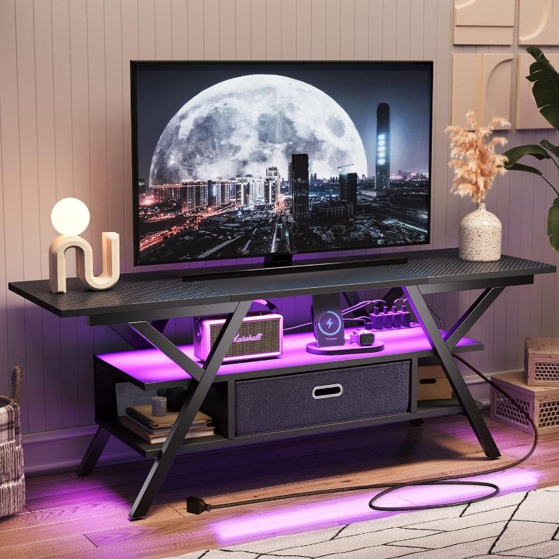 Photo 1 of ****USED***MISSING SCREWS AND PARTS*** Bestier LED TV Stand with Power Outlets for 65 Inch TV, 55 inch Entertainment Center with Removable Drawer for Living Room Bedroom, Gaming TV Stand 20 Dynamic RGB Modes, Carbon Fiber Black
