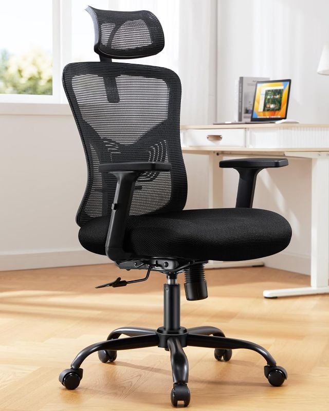 Photo 1 of  Ergonomic Office Chair, High Back Desk Chair with S-shaped Backrest, Adjustable Lumbar Support, Headrest, Armrest, Mesh Computer Chair with Thicker Seat Cushion and Tilt Function, Black
