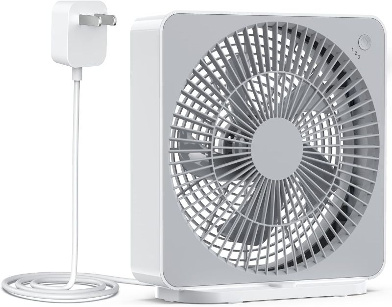 Photo 1 of 10 Inch Small Box Fan, 3 Speeds Square Fan Powered by AC Adapter, Small Window Fan for Bedroom Bathroom Kitchen Grey White 10 in. Fan