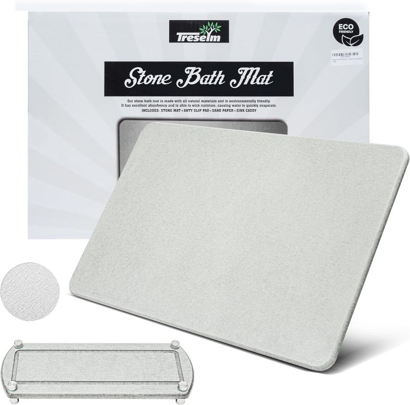 Photo 1 of 2PC Rollable Stone Bath Mat and Soft Diatomaceous Earth Bath Mat with Anti Slip Pad and Brush, Super Absorbent and Quick Drying Mat for Shower, Sink & Kitchen (15x23) (Rollable Light Grey)