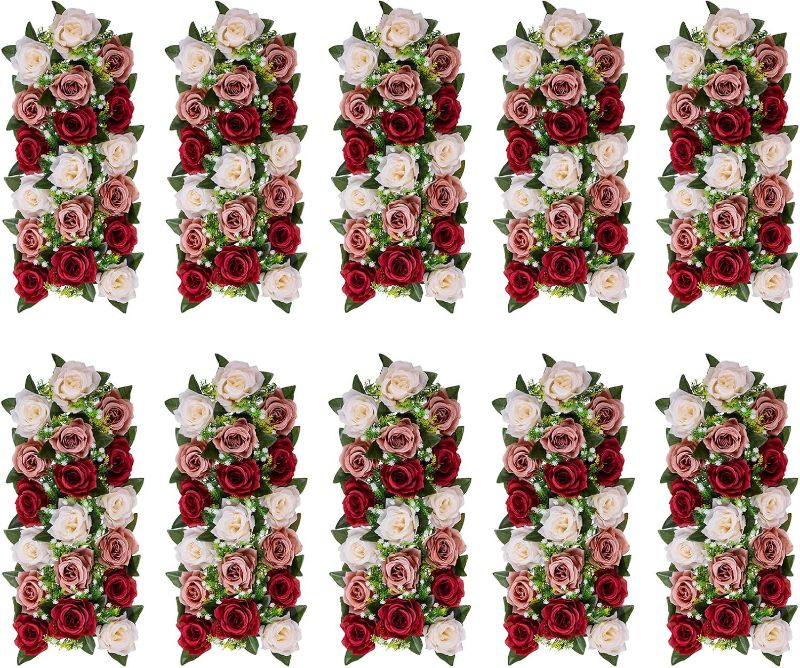 Photo 1 of BLOSMON Artificial Flowers Wedding Centerpieces Decorations Fake Flowers 10 Pcs Burgundy Blush & White Silk Floral Arrangement Dinning Table Runner Center piece, Rose Flower for Reception Table Decor
