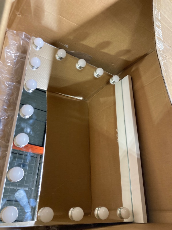 Photo 2 of ***SALE FOR PARTS***
***DAMAGE***
***AS IS / NO RETURNS -  FINAL SALE***
Hollywood Vanity Mirror with Lights, 15 Bulbs?3 Color Lights?Make Up Lighted Mirror, Aluminum Metal Frame,USB Charging Port?23" x 18"? White 23x18