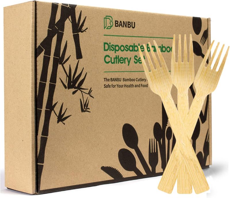 Photo 1 of 100% Bamboo Utensils - 200 Carbonized Forks Disposable Cutlery Biodegradable and Sanitized - Heavy Duty & Fully Functional
