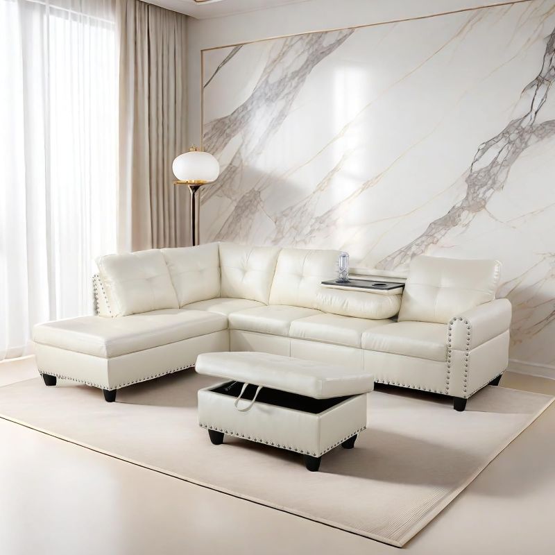 Photo 1 of * PARTIAL SET**
L Shaped Sofa with Ottoman Modern Sectional Living Room, Bedroom, Office, L Couch White
