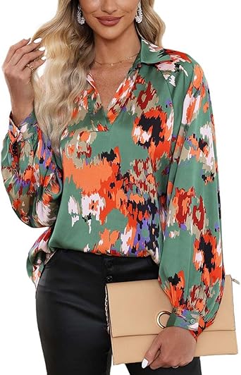 Photo 1 of ***USED** BTFBM Women's Casual Boho Blouse Tops Abstract Print Lapel V Neck Lantern Long Sleeve Summer Spring Loose Blouses Shirts(Print Green, Small)
