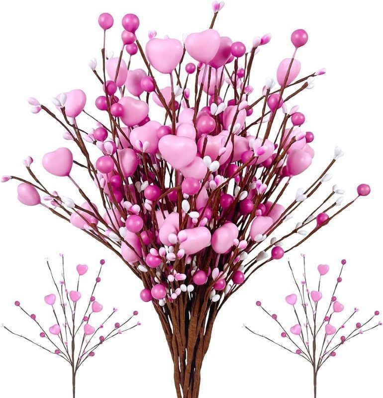 Photo 1 of 10 Pieces Valentine's Day Gifts Flowers Stem Spray Heart Berry Artificial Flower Stems Mother's Day Picks Branches for Valentine's Day Wedding Mother's Day Home Decoration (Color A