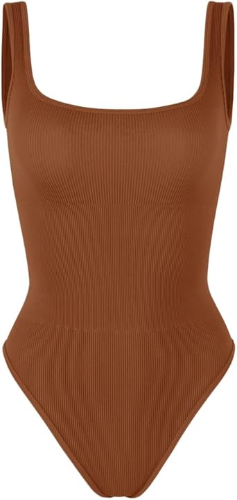 Photo 1 of ***USED***COLOR BROWN ***SIZE: MEDIUM****OQQ Women's  1 Piece Bodysuits Sexy Ribbed Square Neck Basic Stretch Tank Tops Bodysuits ,brown  