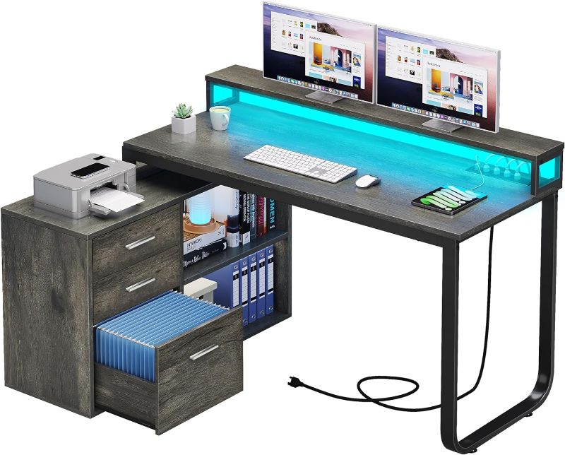 Photo 1 of  L Shaped Desk with Power Outlets & LED Lights & File Cabinet, 55" Corner Computer Desk with 3 Drawers and 2 Storage Shelves, Home Office Desk with Monitor Stand