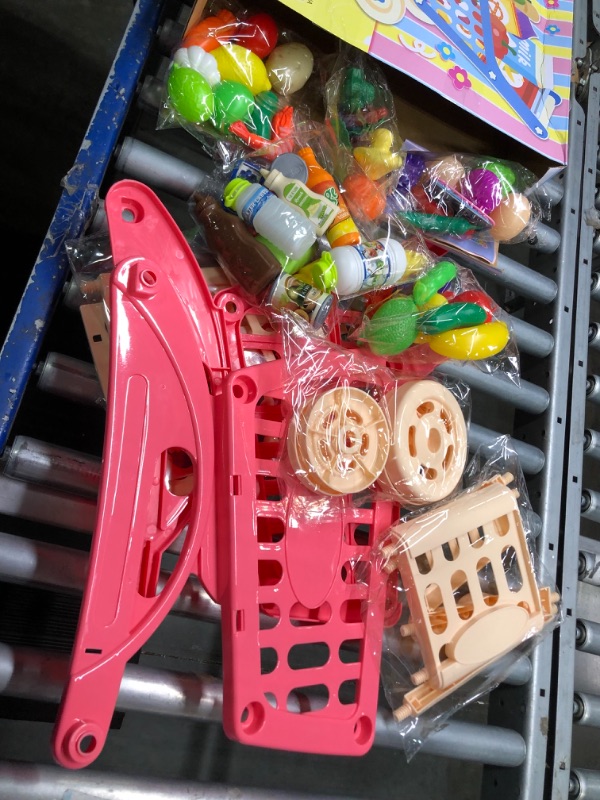 Photo 3 of ****USED***KIDS AGES 3+***Tagitary Shopping Cart Toy for Kids,82 PCS Toddlers Large Play Grocery Cart with Shopping Bag, Included Play Food Veggies, Play Money Cash and Coins, Educational Toys Play Kitchen Accessories for Kids Large Red