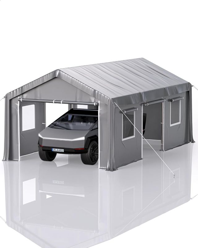 Photo 1 of 13 x 20 ft Carport Heavy Duty, Portable Garage with 4 Roll-up Doors, 4 Mesh Windows, for Full-Size Pickups, Bass Boats, and SUVs, Gray