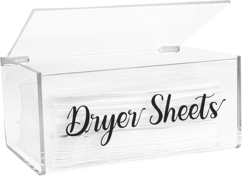Photo 1 of Acrylic Dryer Sheet Dispenser with Hinged Lid Clear Laundry Dryer Sheet Holder Dryer Sheet Container for Home Laundry Room Organization and Storage Laundry Softener Dispenser Laundry Room Decorations