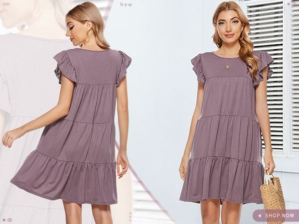 Photo 1 of Berydress Women's Casual Boho Beach Summer Mini Dresses Crew Neck Sleeveless Ruffle Babydoll Dress Loose Flowy Tunic Dress 6119-purple  XL