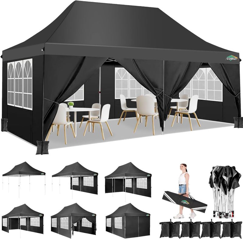 Photo 1 of ***Similar item***COBIZI 10x20ft Pop Up Canopy Tent with 6 Removable Sidewalls, Easy Up Commercial Canopy, Waterproof and UV50+ Gazebo with Portable Bag, Adjustable Leg Heights,Party Tents for Parties, with 4 Sandbags
