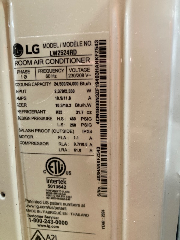 Photo 4 of ****FOR PARTS ONLY, NO RETURNS, NOT USA TYPE PLUG, SEE PHOTO****LG 24,500 BTU Window Air Conditioner, 230V, Cools 1,560 Sq.Ft. (39' x 40' Room Size), Quiet Operation, Electronic Control with Remote, 3 Cooling & Fan Speeds, Auto Restart, White 24500 BTU Co