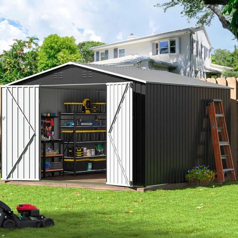 Photo 1 of 10x10 FT Outdoor Storage Shed, Garden Shed with Updated Frame Structure and Lockable Doors, Metal Tool Sheds for Backyard Garden Patio Lawn
