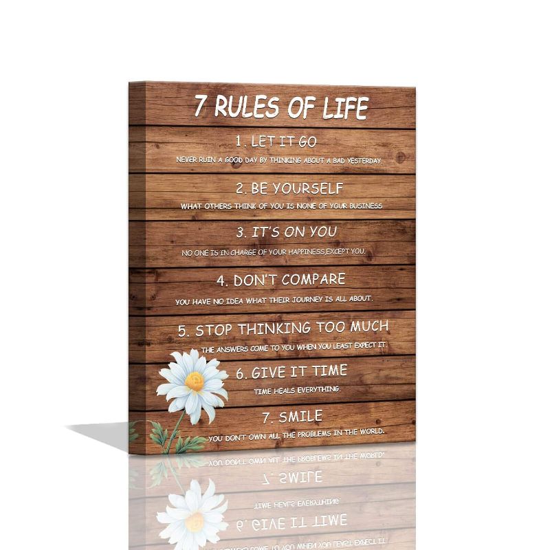 Photo 1 of ***USED** Motivational Wall Art for Man Office 7 Rules of Life Wooden Planks Background Inspirational Wall Art for Bedroom Bathroom Dining Room Gallery Wrapped Positive Quotes Rustic Wall Decor Framed 12x16inch