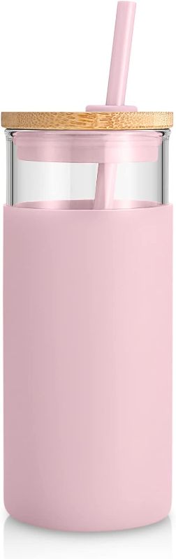 Photo 1 of 20oz Tumbler with Lid and Straw, Silicone Protective Sleeve, Bamboo Lid and Base, Boba Cup, Iced Coffee Cup, Glass Water Bottles - BPA Free (pink)