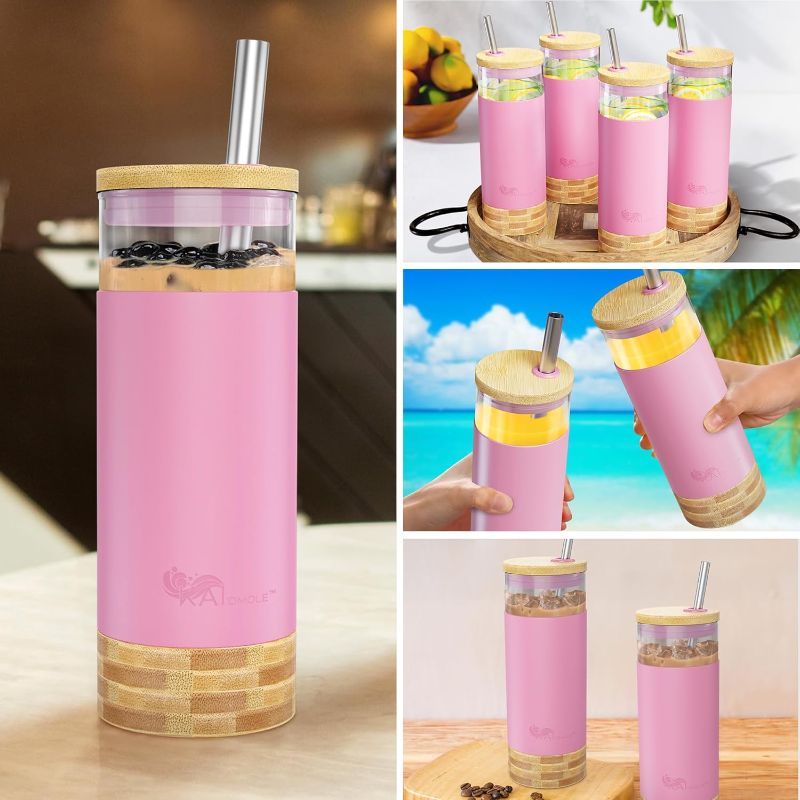 Photo 1 of 20oz Tumbler with Lid and Straw, Silicone Protective Sleeve, Bamboo Lid and Base, Boba Cup, Iced Coffee Cup, Glass Water Bottles - BPA Free (Pink)