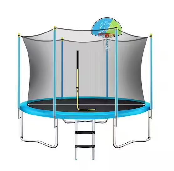 Photo 1 of 8 ft. Trampoline for Kids with Safety Enclosure Net, Basketball Hoop and Ladder, Outdoor Round Recreational Trampoline