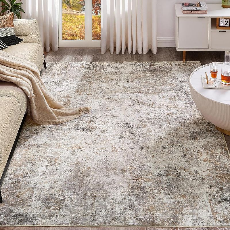 Photo 1 of 9x12 Area Rug Living Room Rugs - Washable Neutral Modern Abstract Soft Thin Large Rug Indoor Floor No Slip Rug Carpet for Bedroom Under Dining Table Home Office Decor - Brown Grey